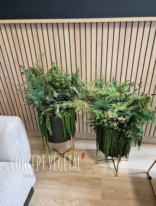 Installation de deux potées de feuillages naturel stabilisés dans des pots sur trépied noirs à côté d'un canapé beige dans un salon